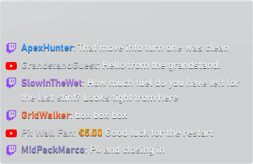 Chat widget showing Twitch and YouTube chat messages in one list (sample messages)